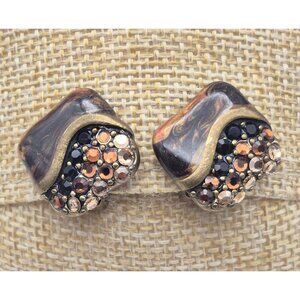 CHICOS Gold Tone Clip On Earrings Crystal & Enamel Swirl Statement .5"